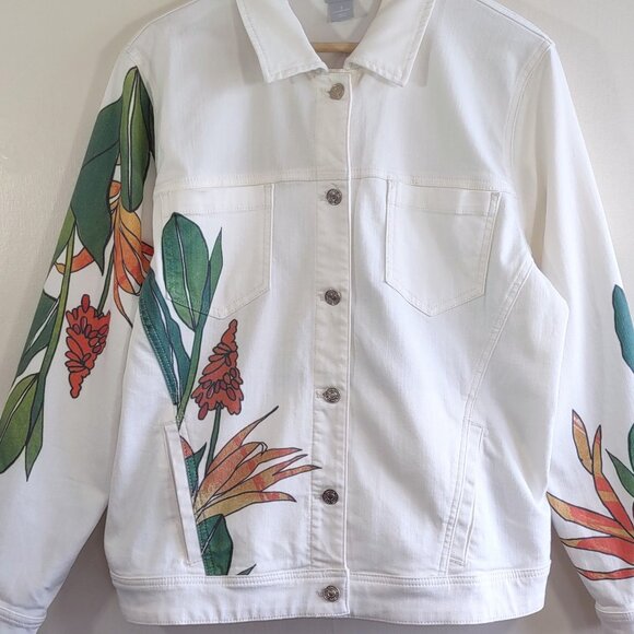 Chico's Tropical Embellished White Denim Jacket Floral Artsy 16/18 Chico 3 - Picture 8 of 12